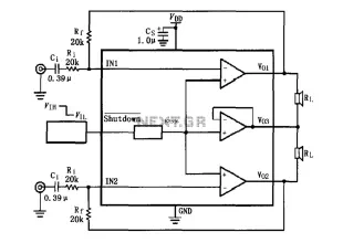 A typical circuit for the LM4910 two-channel amplifier