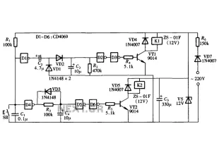 Dual power switch circuit diagram consisting of a single control button CD4069