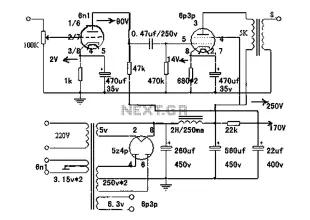 Single-ended Class A amplifier circuit diagram of 6N1 + 6P3P