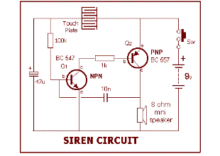 Electronic Siren with 2 transistors
