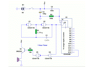 1 hour timer circuit with 4011 and 4020 ICs