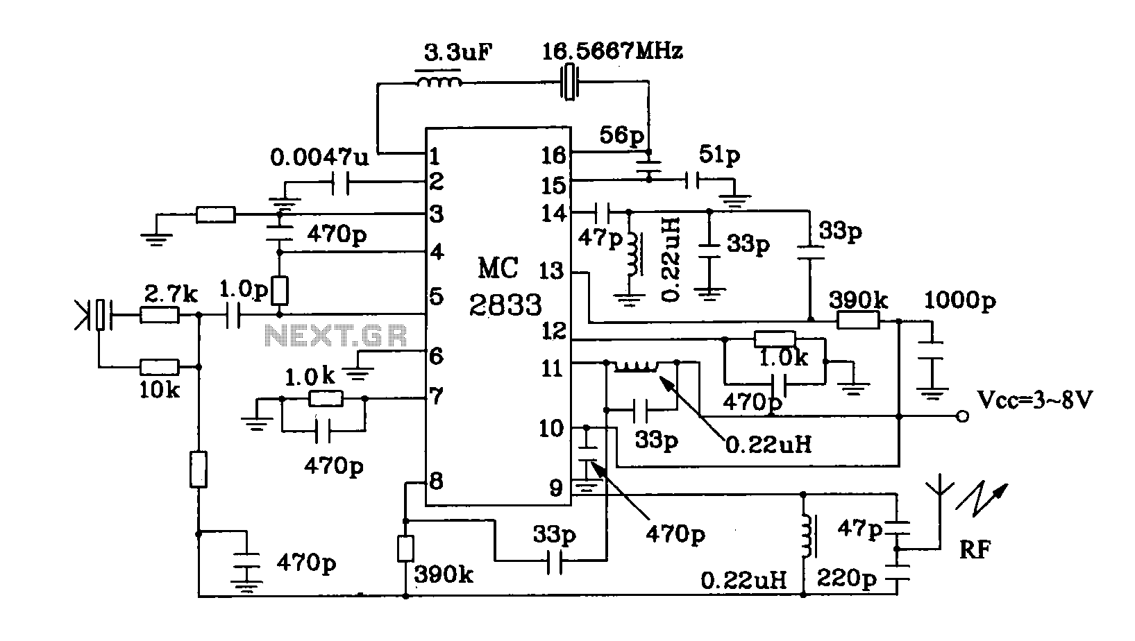MC2833 radio transmitter Typical application circuit