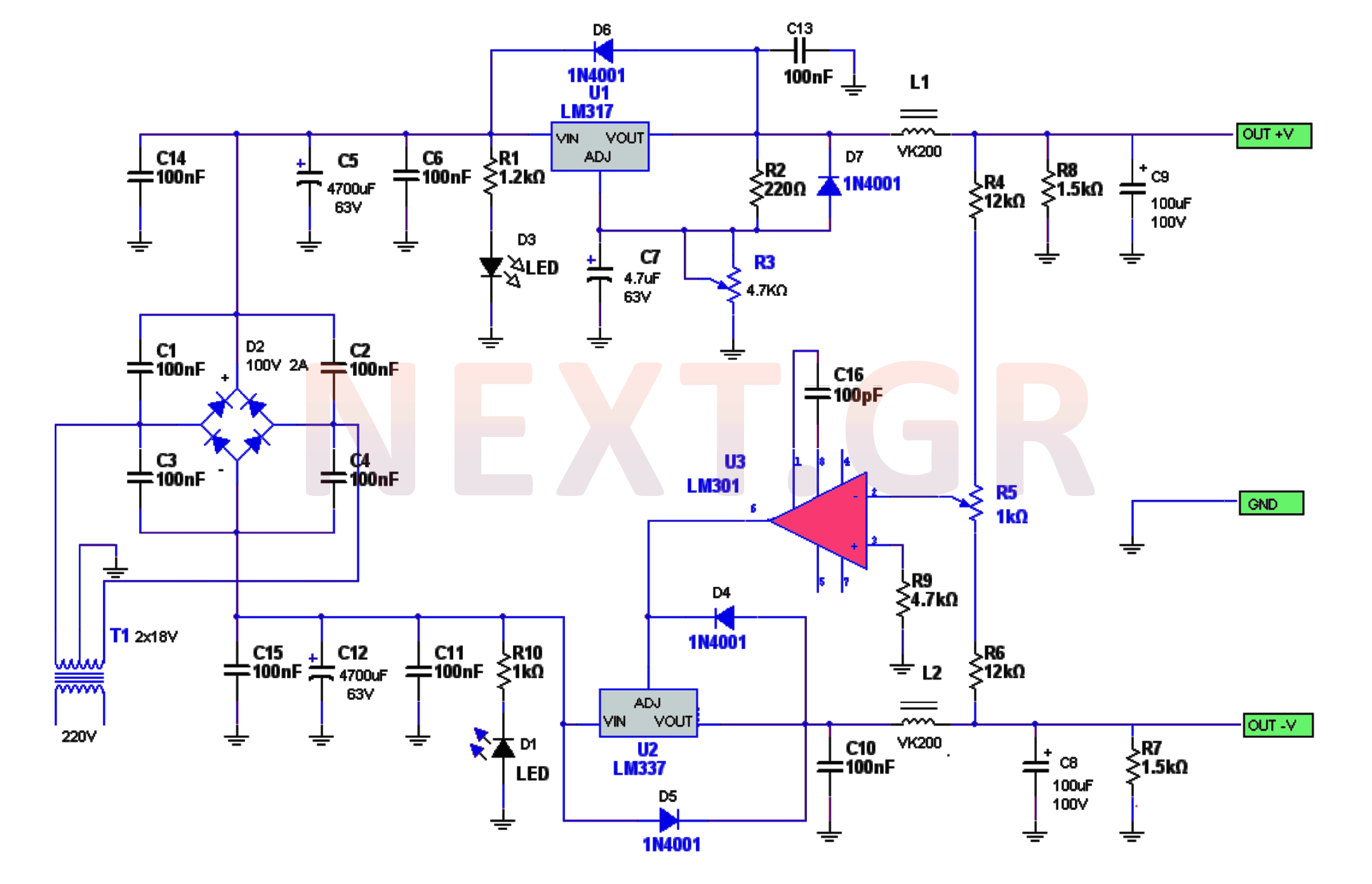Lab Variable Symmetric Power Supply circuit 2x30V 3.5A