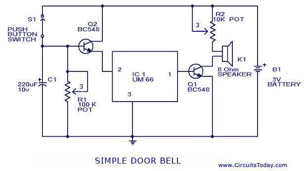 Doorbell Circuit with Diagram and Schematic using UM 66 IC under