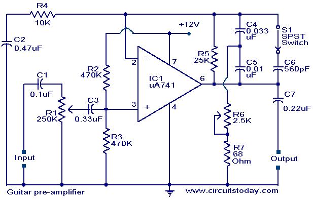 > circuits > Guitar pre amplifier using uA 741 l37096 ...