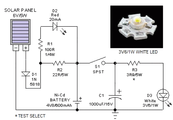 this portable solar lantern circuit uses 6 volt 5 watt solar panels 