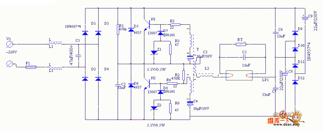 40W fluorescent lamp electronic ballast circuit