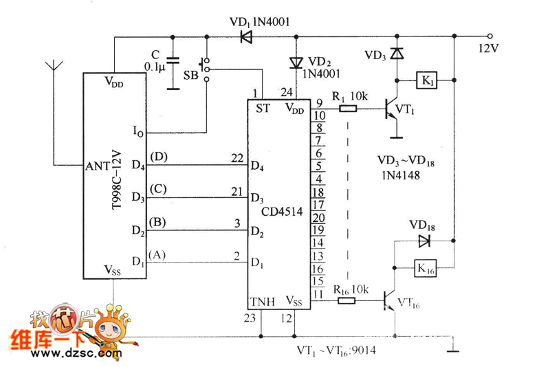 16-channel remote control circuit schematic (T998C ...
