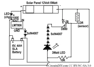 Solar to 6V Batt to LED emergency light circuit