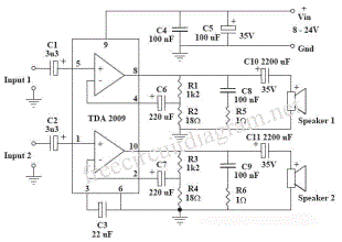 10 Watt Stereo Amplifier Circuit Using TDA2009A