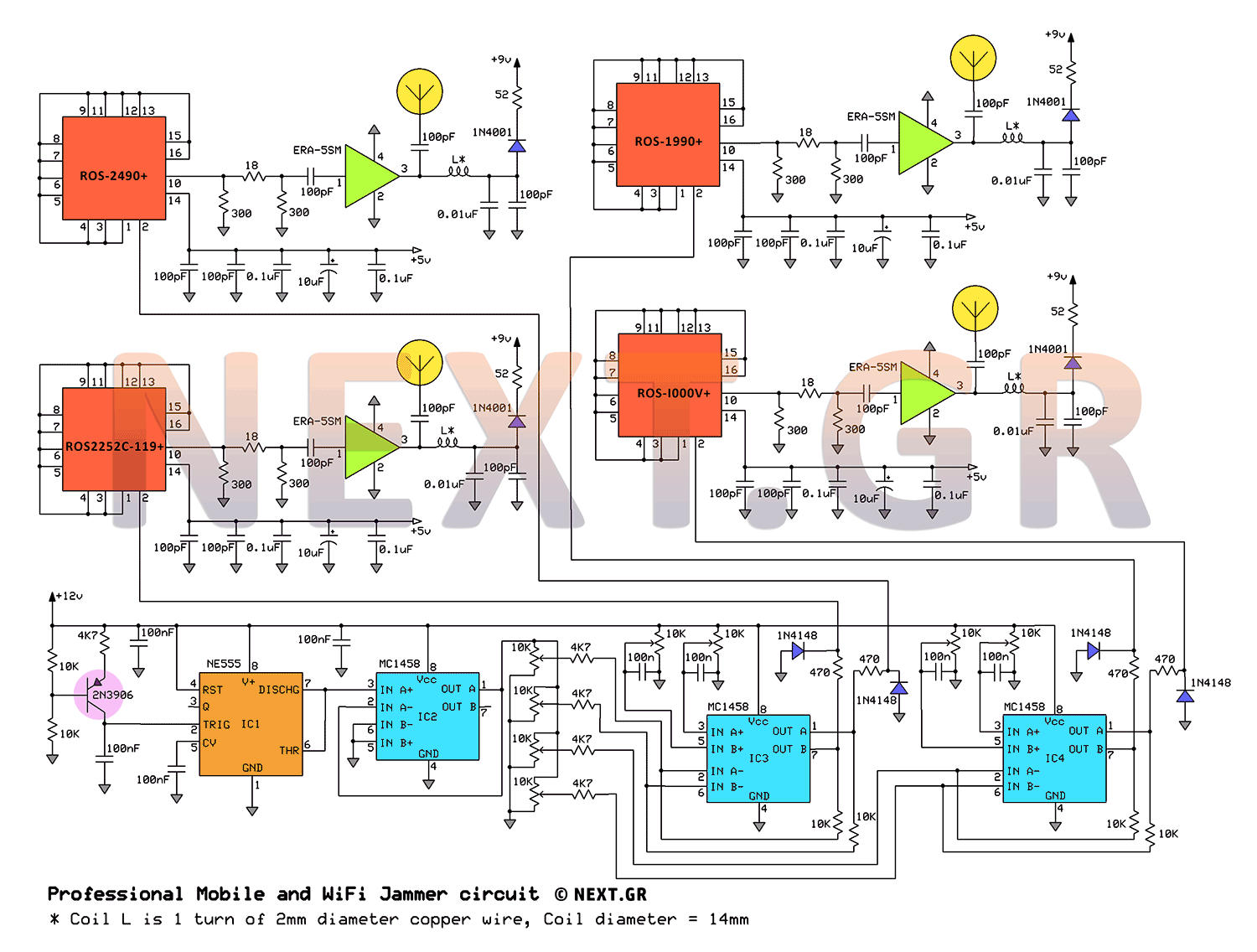 Professional Mobile (1G 2G 3G 4G) & WiFi Jammer Circuit