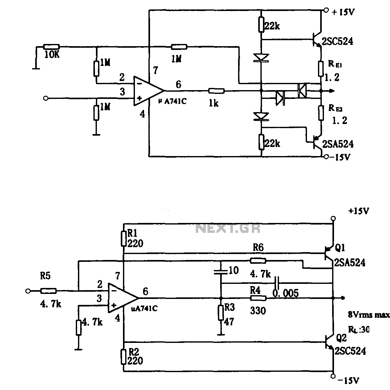 Direct coupling audio power amplifier configuration A741 circuit