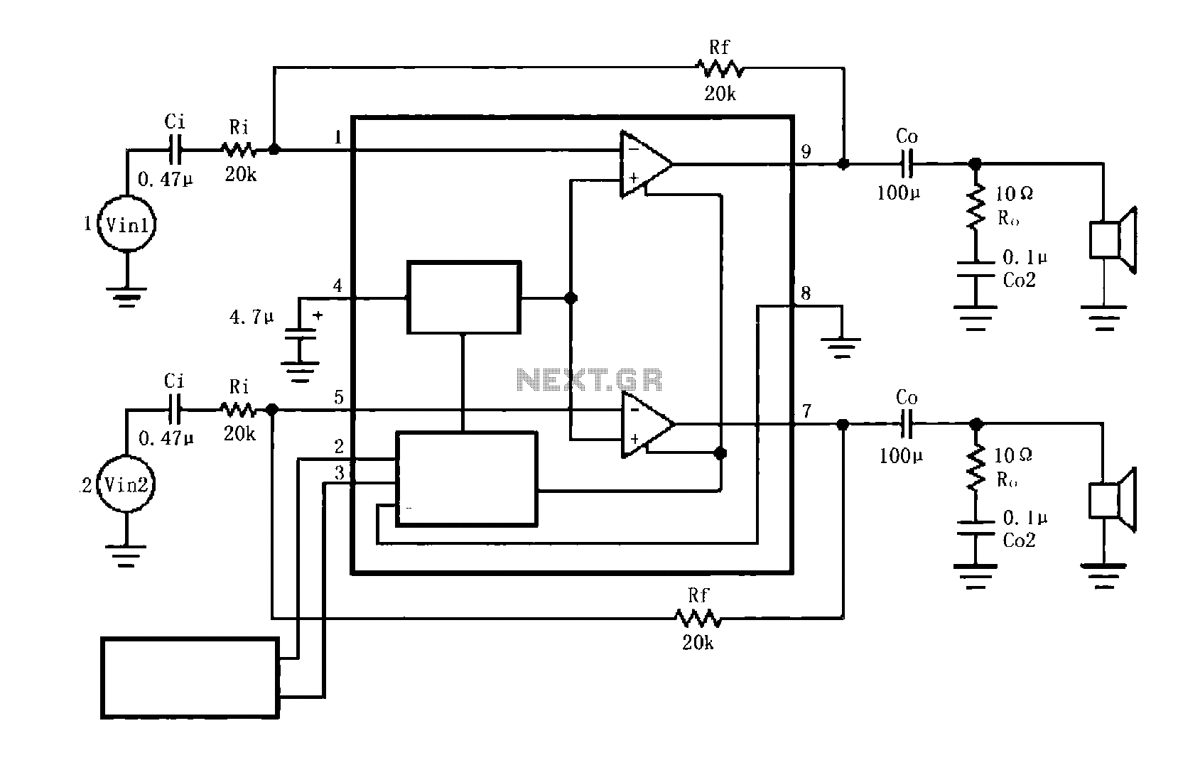 A typical circuit for the LM4916 two-channel amplifier