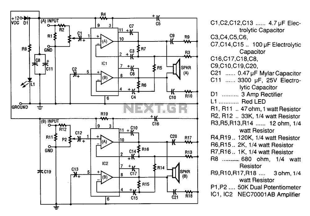 20W + 20W stereo amplifier circuit diagram