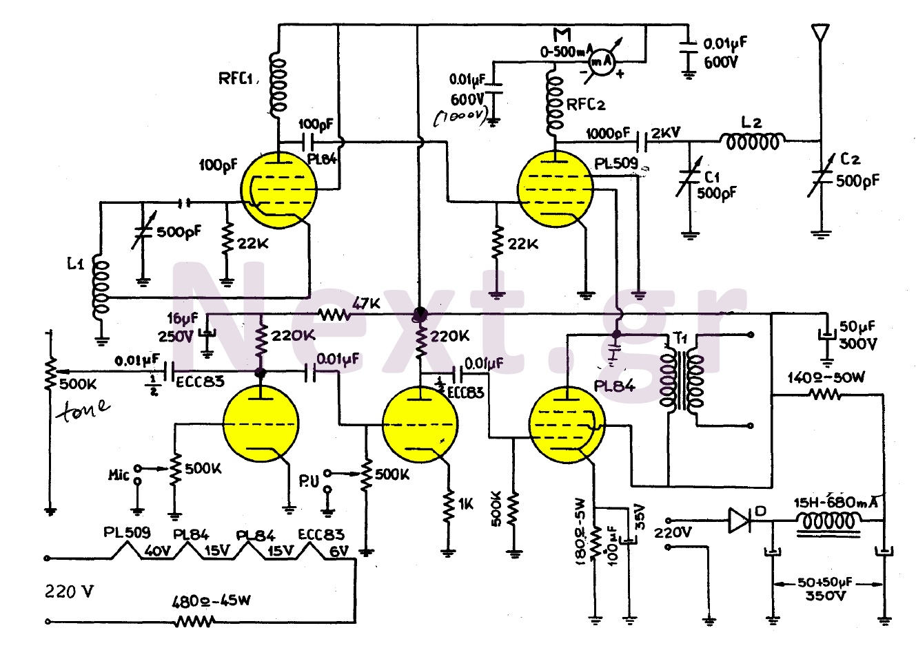 Simple Valve MW Transmitter circuit 30W