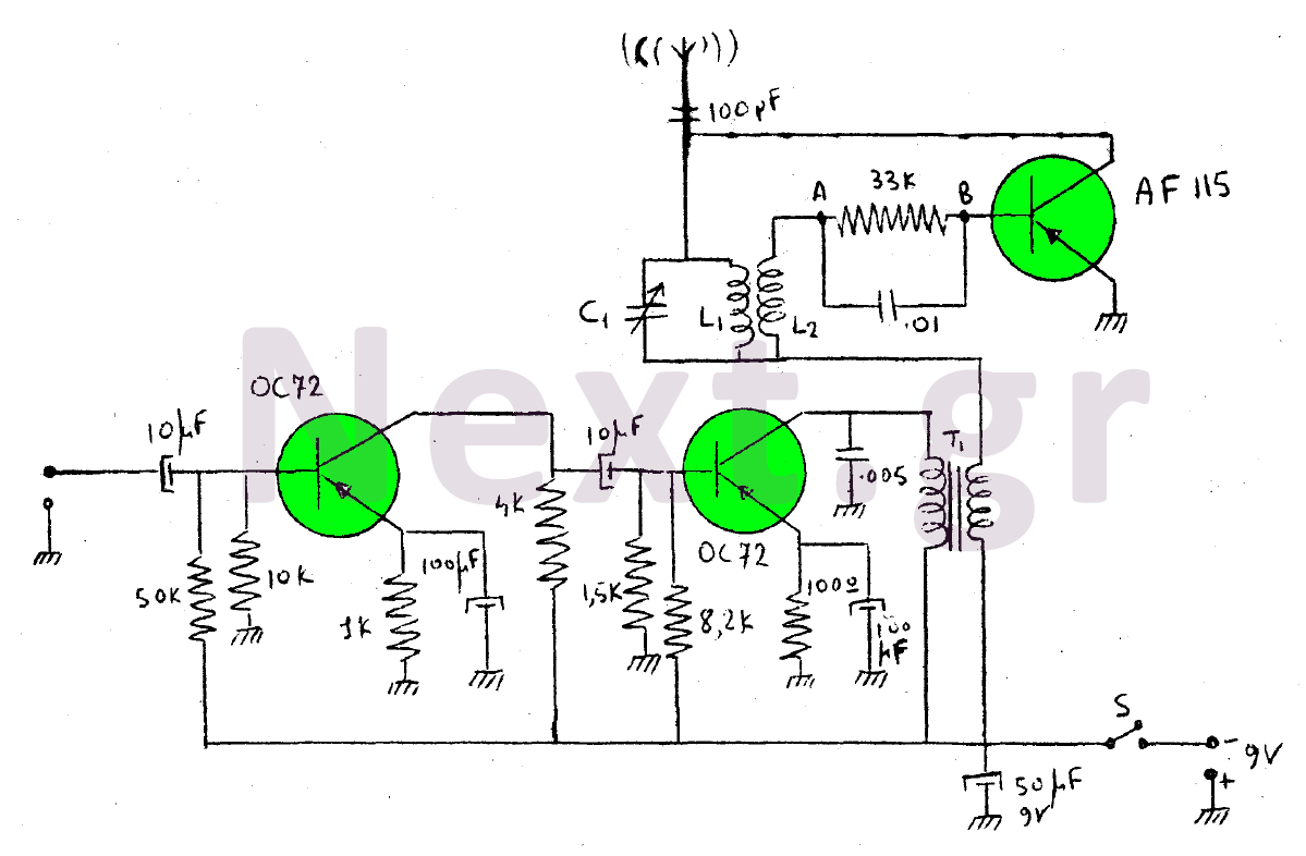 Mini transistor Transmitter 50mW schematic